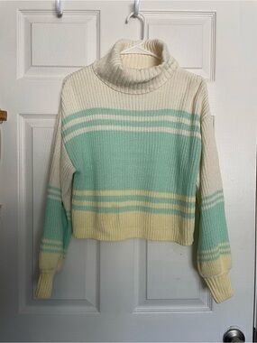 Leighton Womens size Small Turtleneck Striped Knit Sweater in Cream,Mint &Yellow